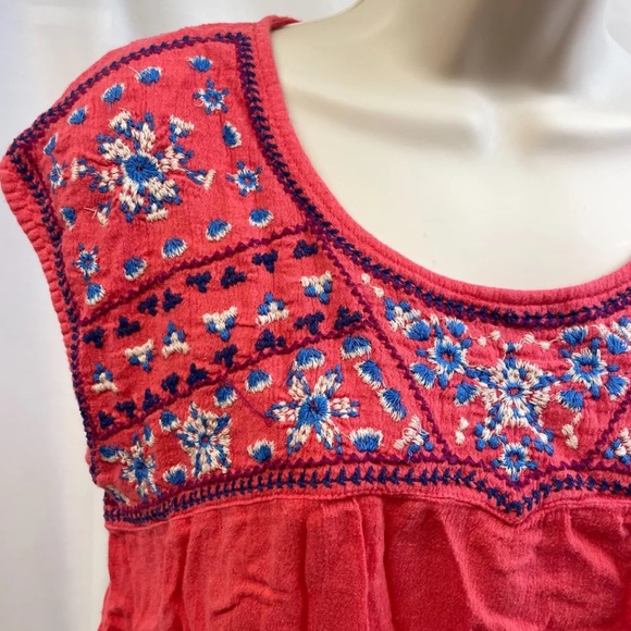 American Eagle Outfitters Top Embroidered Red Gauze Short Sleeve Summer Size XS - Picture 15 of 15